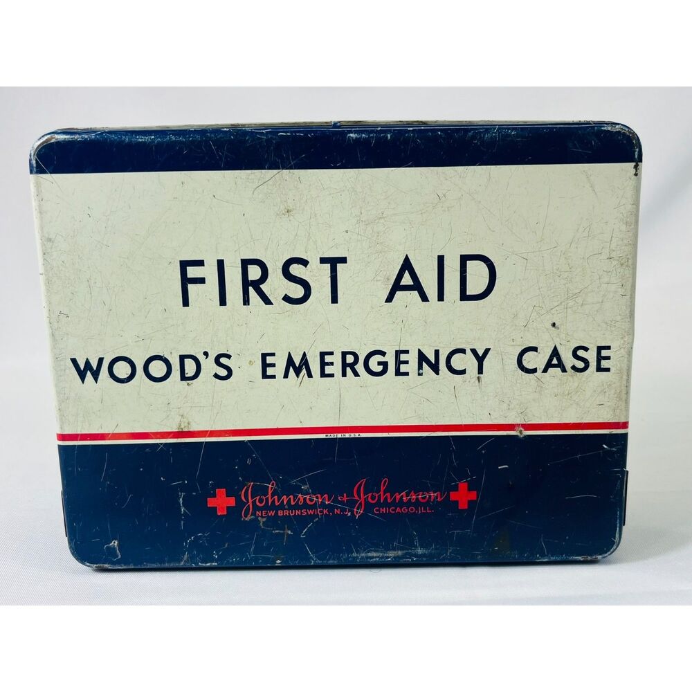 Antique Johnson & Johnson First Aid Wood's Emergency Case Metal Supplies TIN
